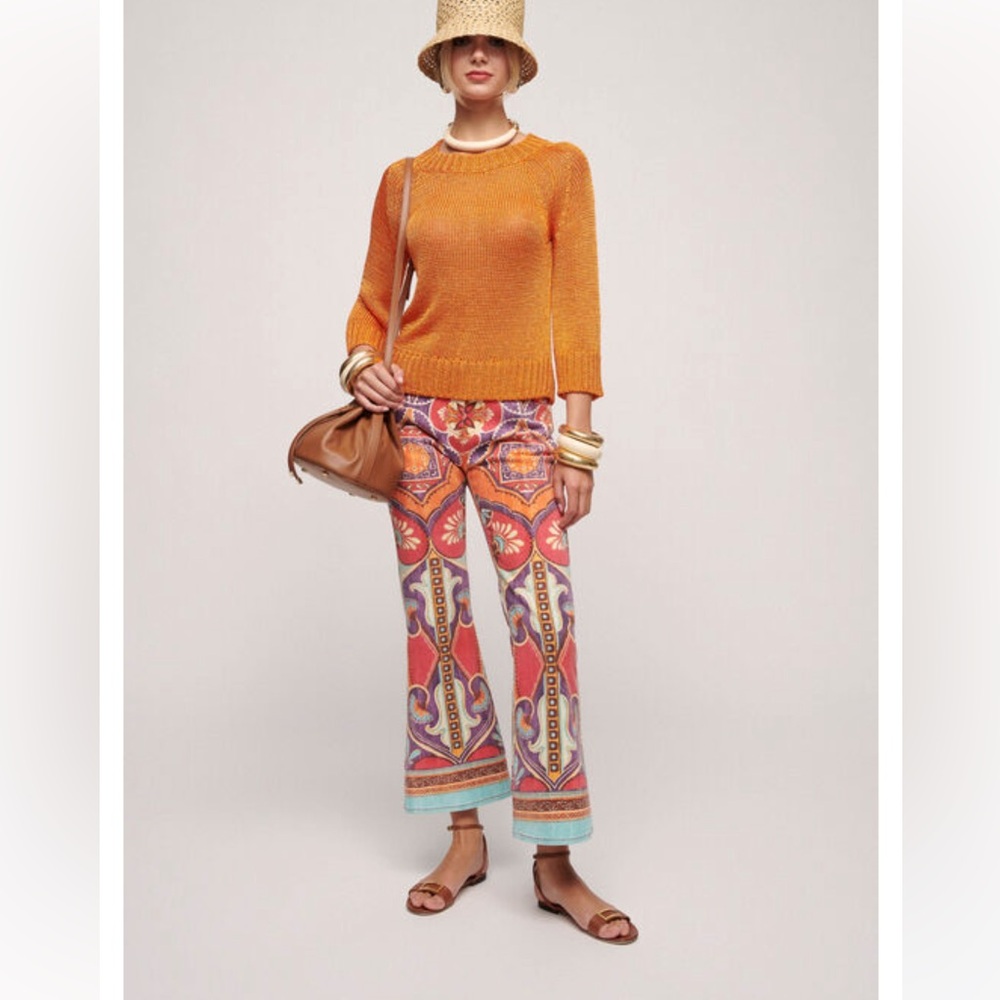 Luisa Spagnoli Coral, Purple and Cream Baroque Flare Crop Jeans Made in Italy 46